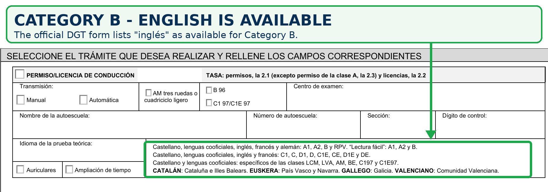Official DGT application form showing the theory test language field