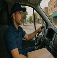 A delivery driver at the wheel of a van