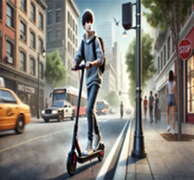 A person riding an electric scooter on an urban street